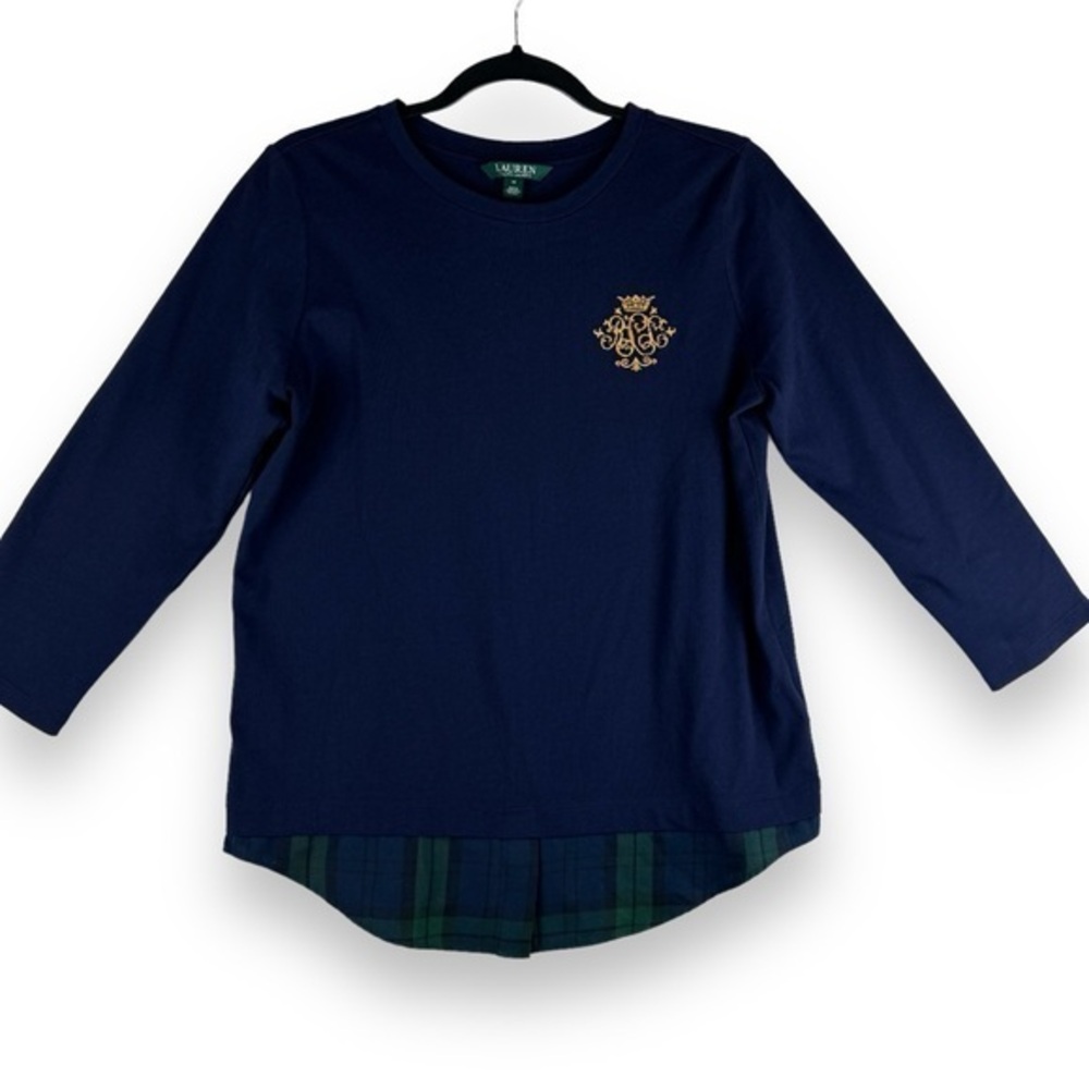 Lauren Ralph Lauren Top Womens Size M Navy Monogram Gold Crest Old Money Preppy
